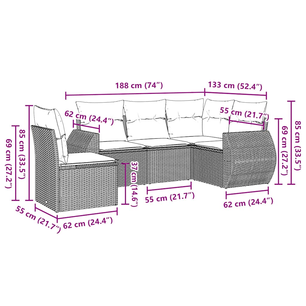 sofasæt 5 dele med hynder polyrattan lysegrå