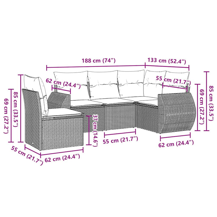 sofasæt 5 dele med hynder polyrattan lysegrå