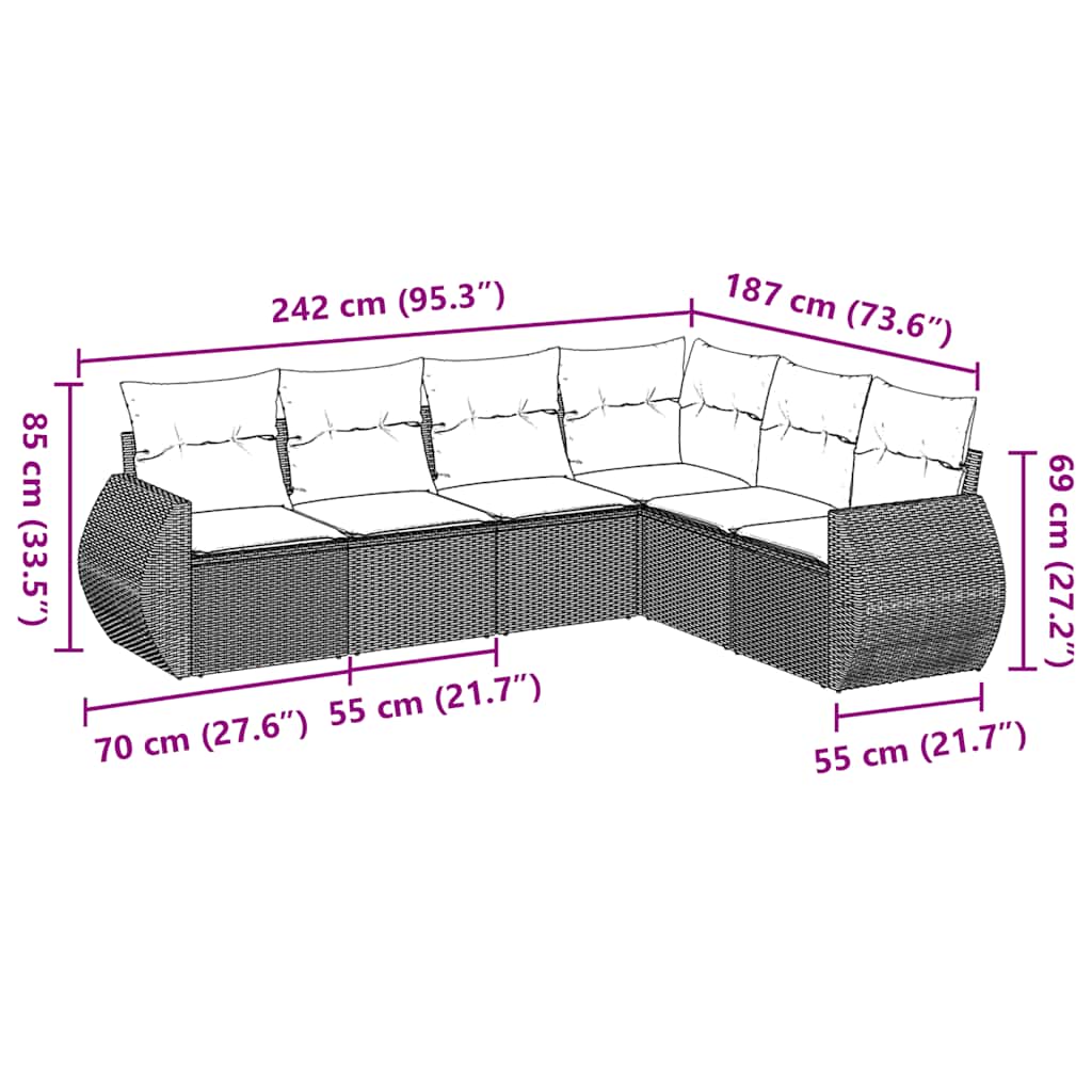 sofasæt til haven 6 dele med hynder polyrattan sort