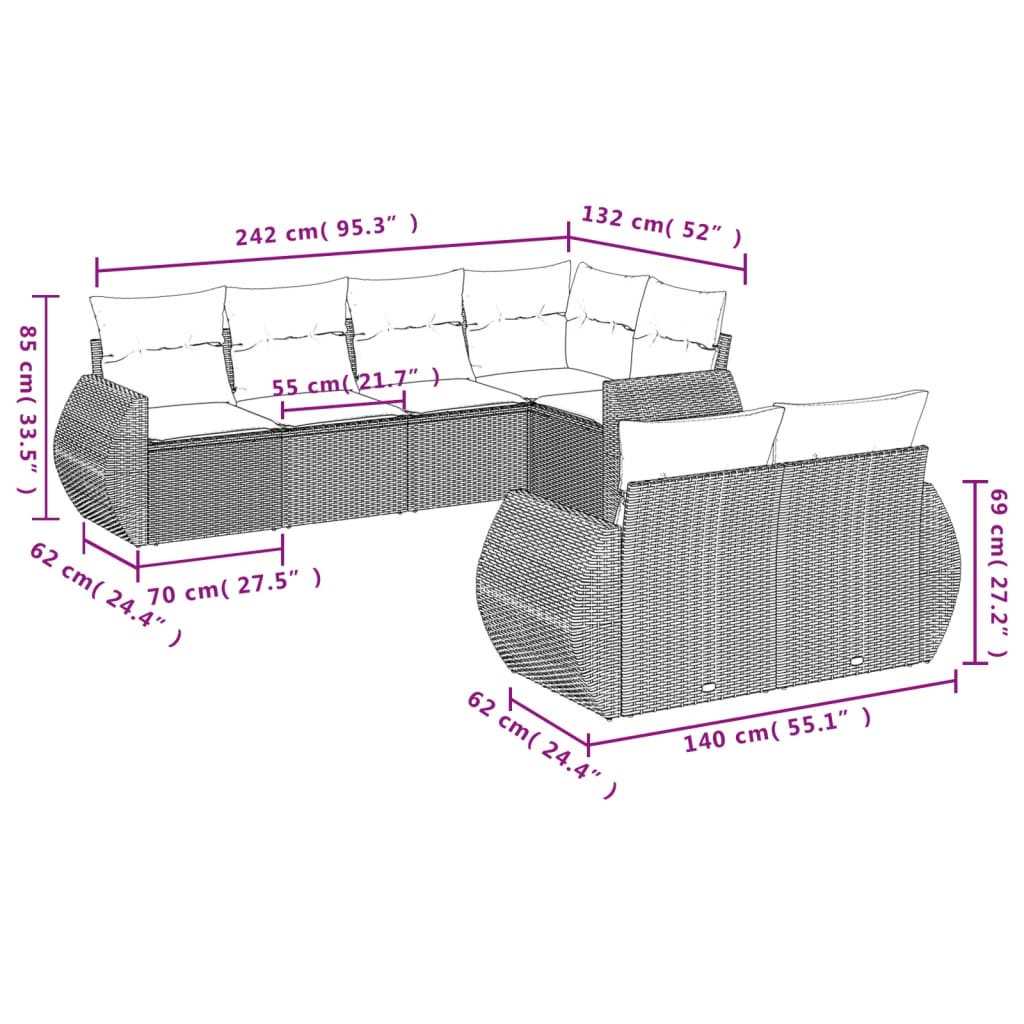 sofasæt til haven 7 dele med hynder polyrattan beige
