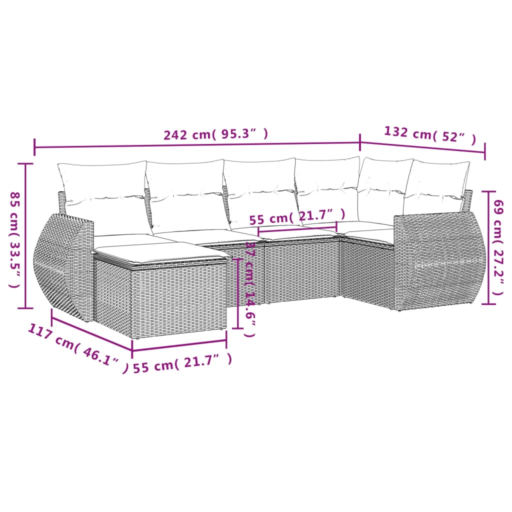 sofasæt til haven 6 dele med hynder polyrattan brun