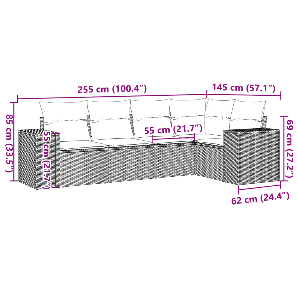 sofasæt 5 dele med hynder polyrattan grå