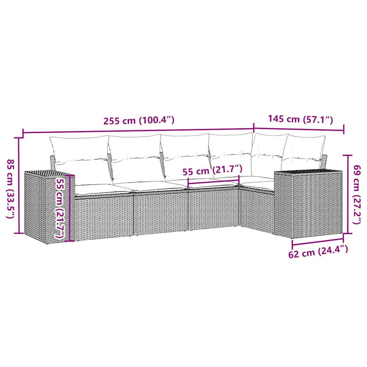 sofasæt 5 dele med hynder polyrattan lysegrå