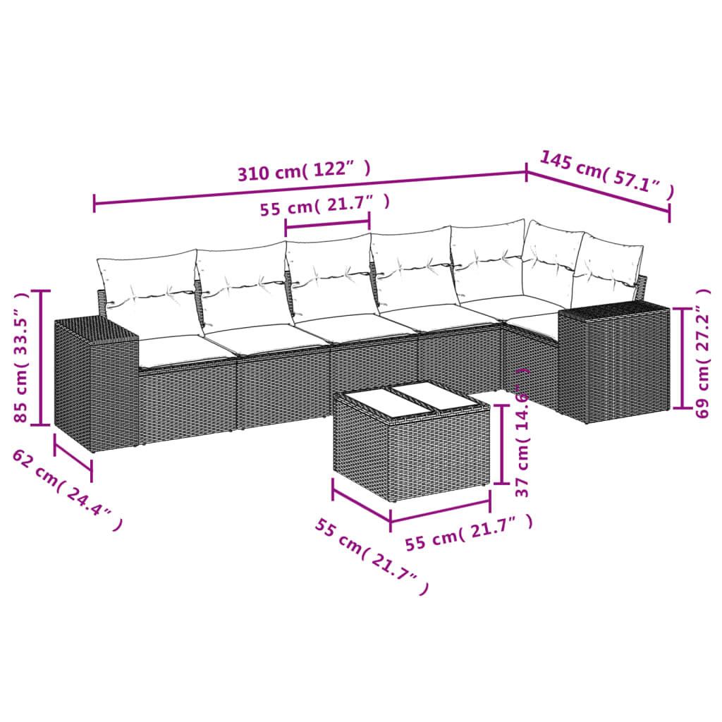 sofasæt til haven 7 dele med hynder polyrattan beige