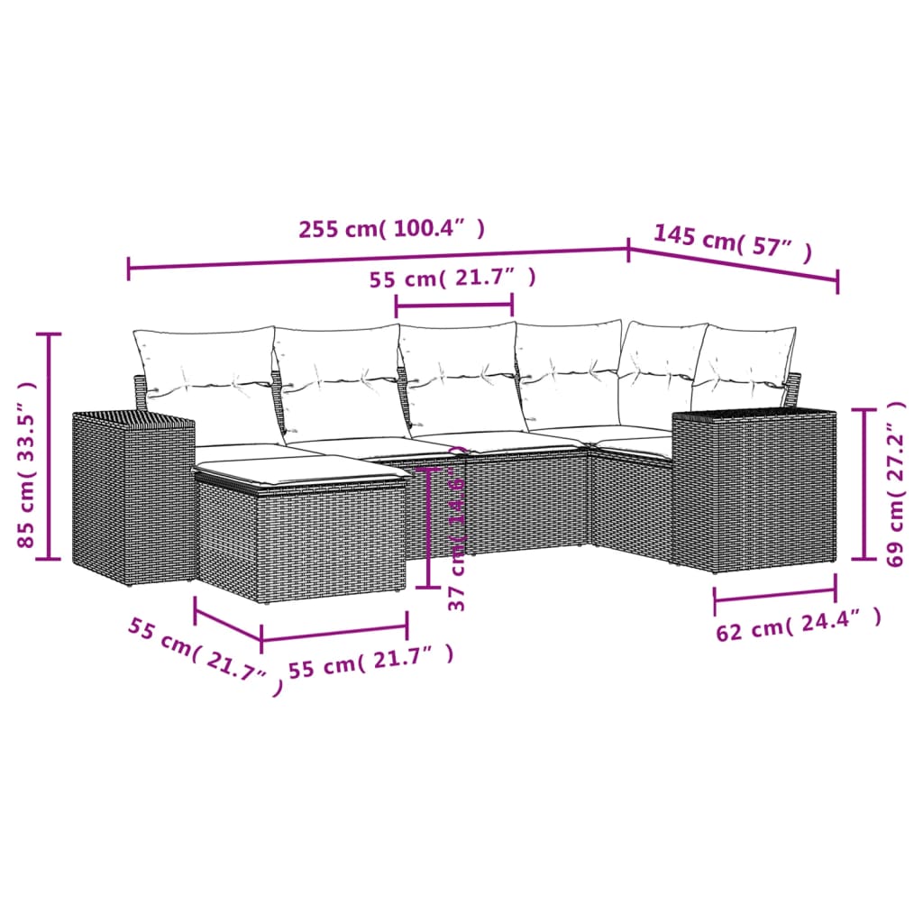 sofasæt til haven 6 dele med hynder polyrattan grå