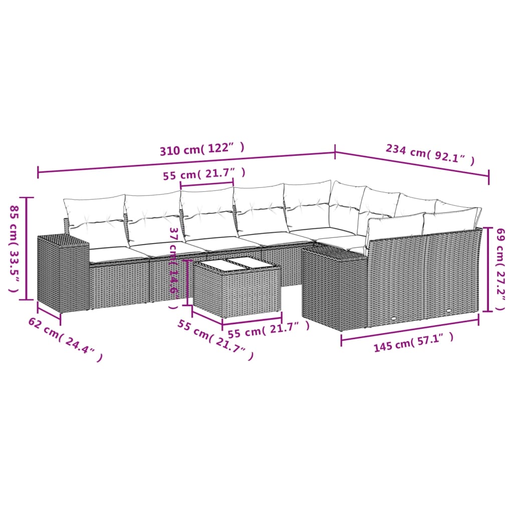 sofasæt til haven 10 dele med hynder polyrattan beige