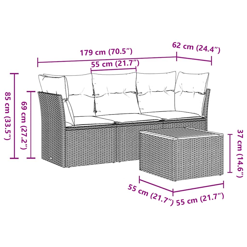 sofasæt til haven 4 dele med hynder polyrattan grå