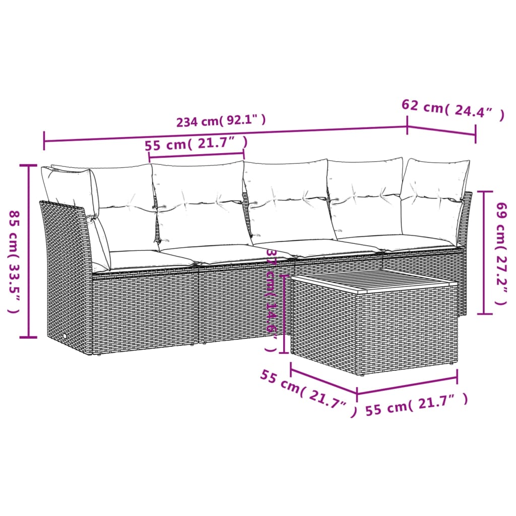sofasæt til haven 5 dele med hynder polyrattan sort
