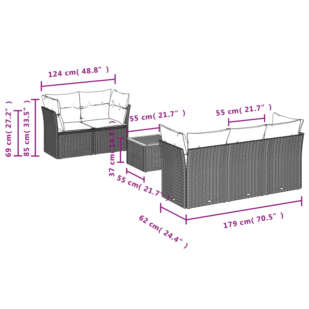 havesofasæt med 6 dele og hynder blandet beige polyrattan