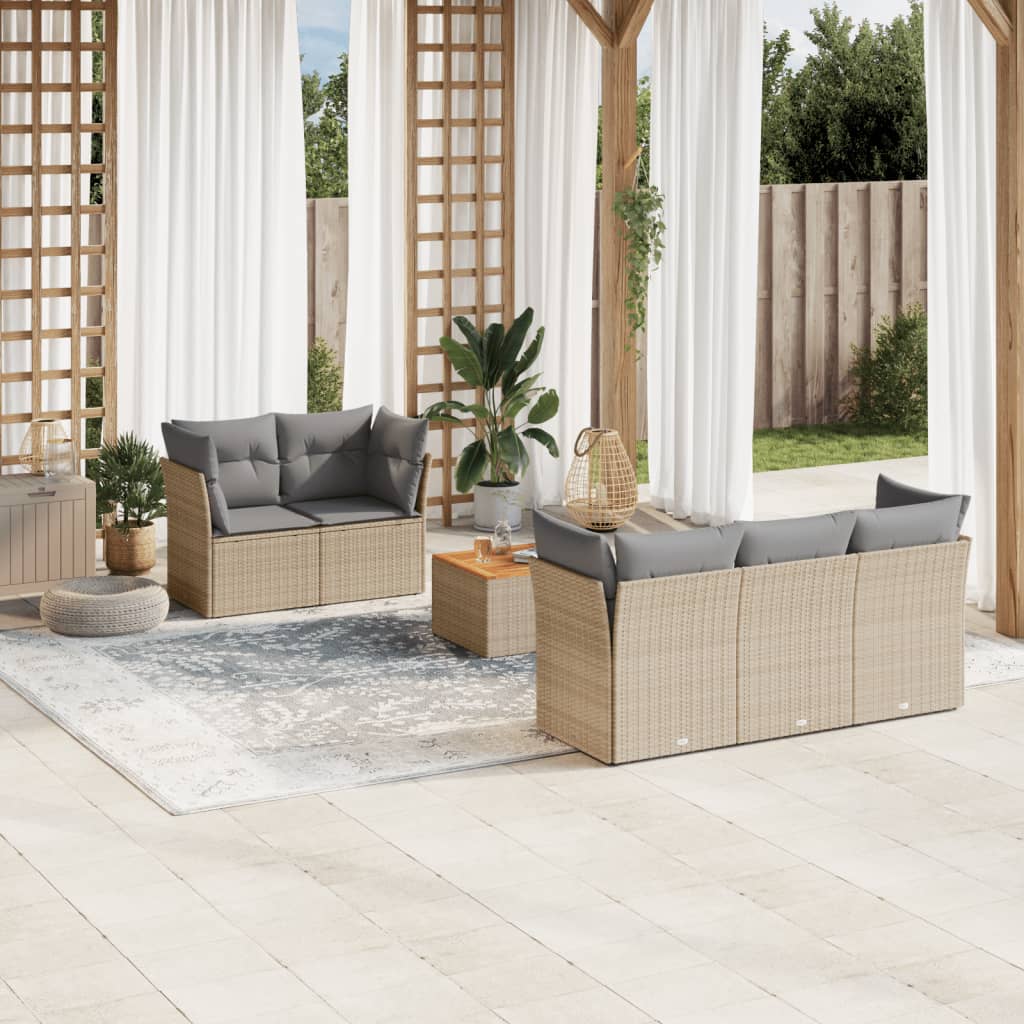 havesofasæt med 6 dele og hynder blandet beige polyrattan