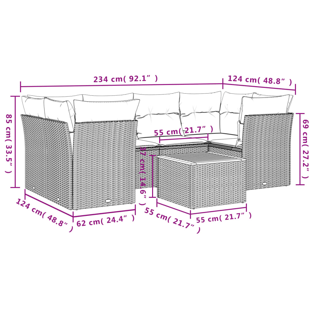 havesofasæt 7 dele med hynder polyrattan beige