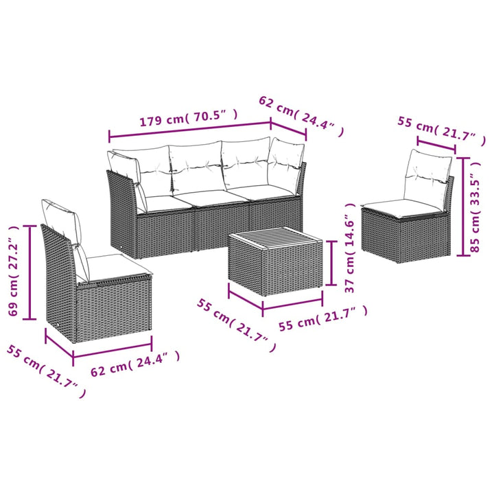 sofasæt til haven 6 dele med hynder polyrattan sort