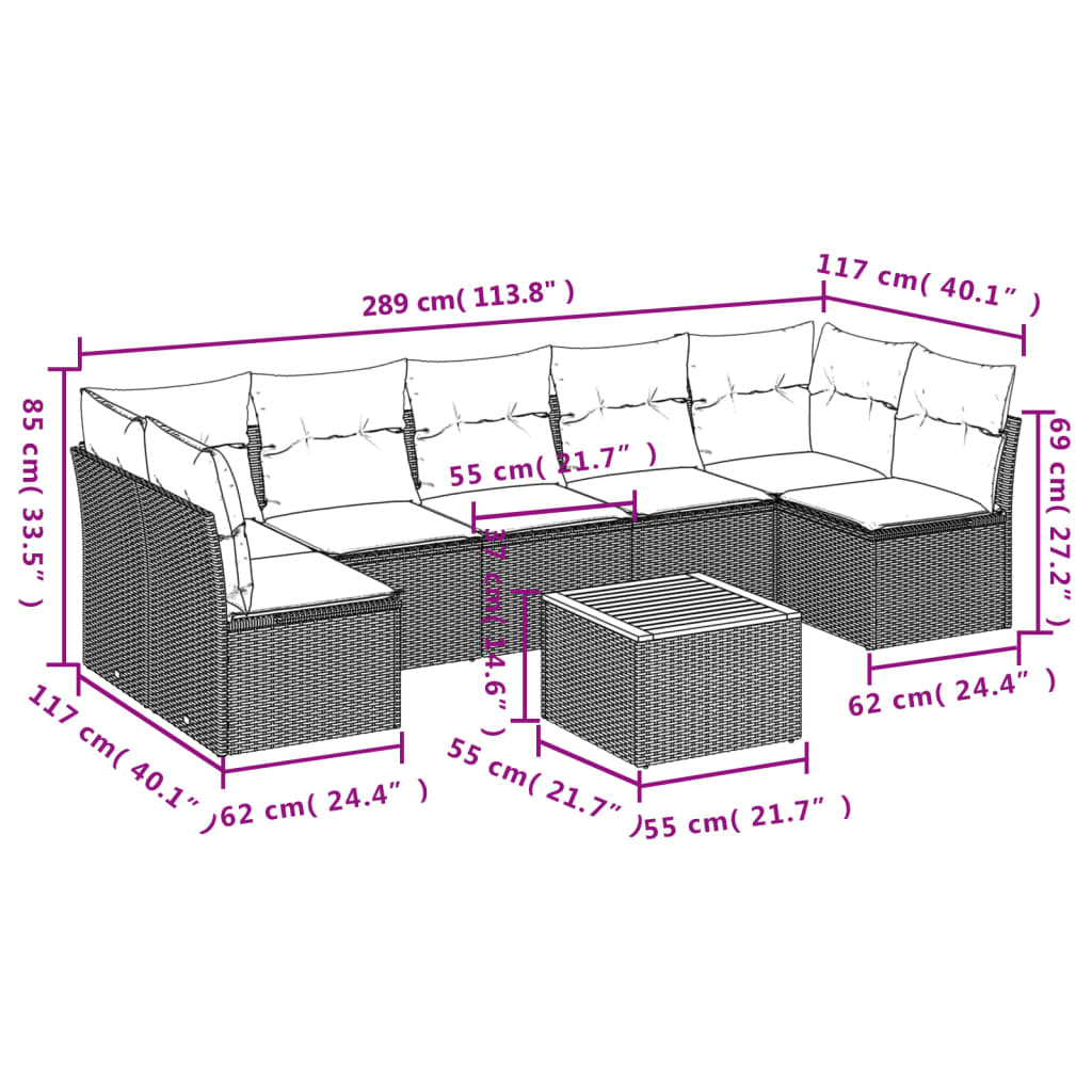 havesofasæt 8 dele med hynder polyrattan beige