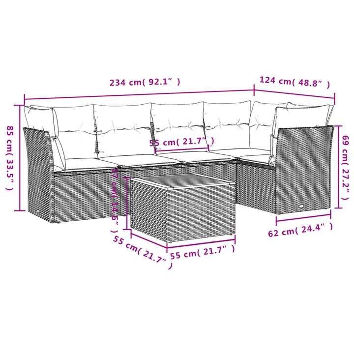 havesofasæt 6 dele med hynder polyrattan beige