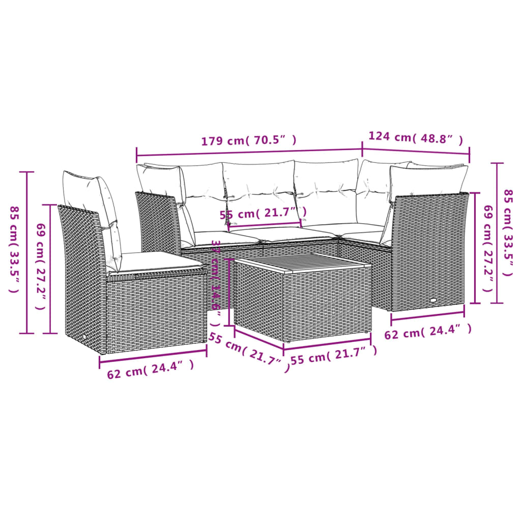 sofasæt til haven 6 dele med hynder polyrattan grå