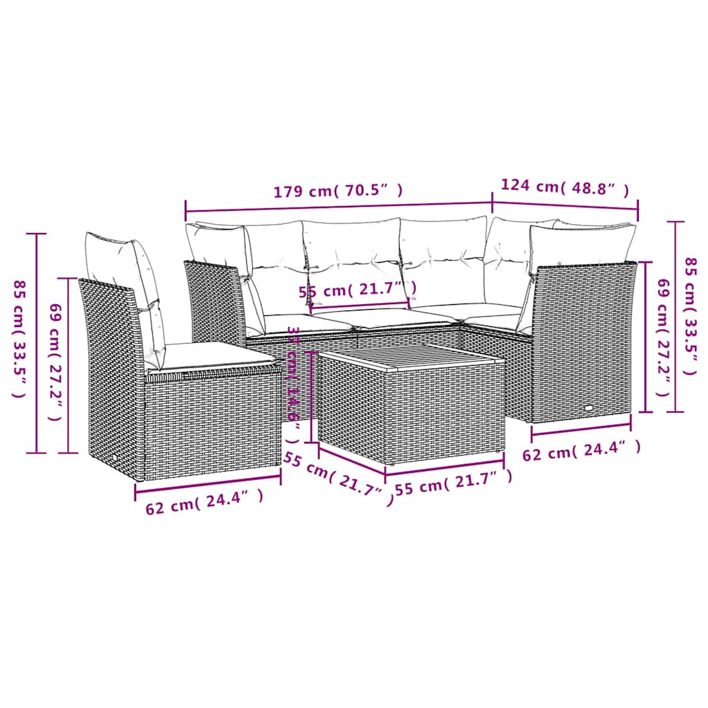 sofaesæt til haven 6 dele med hynder polyrattan grå