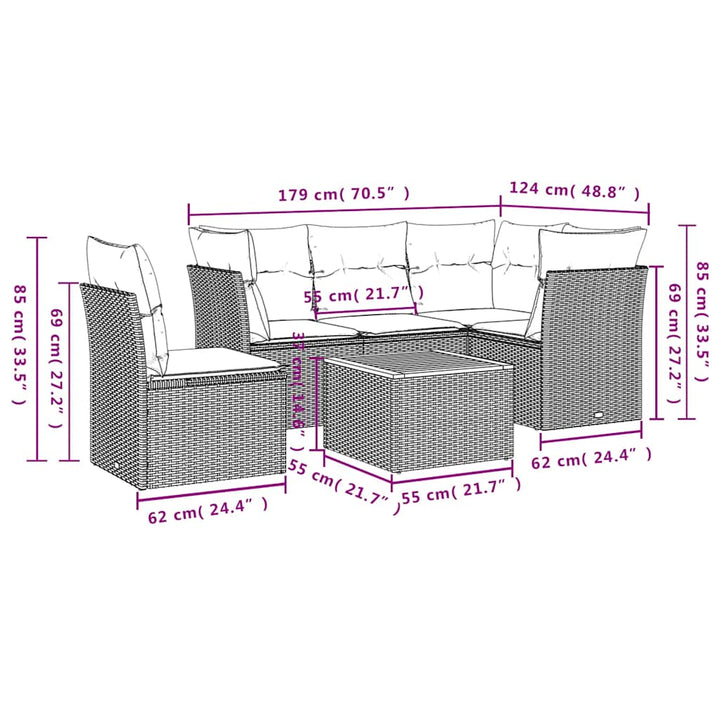 sofaesæt til haven 6 dele med hynder polyrattan grå