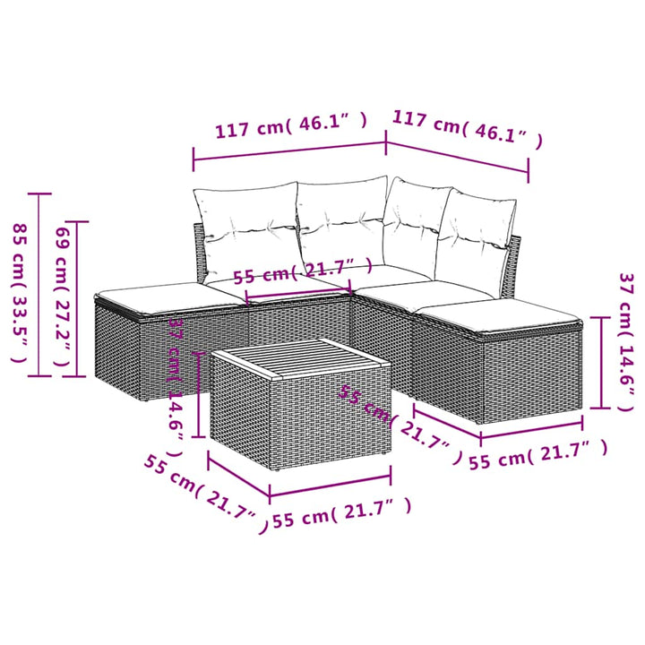 havesofasæt med 6 dele og hynder grå polyrattan