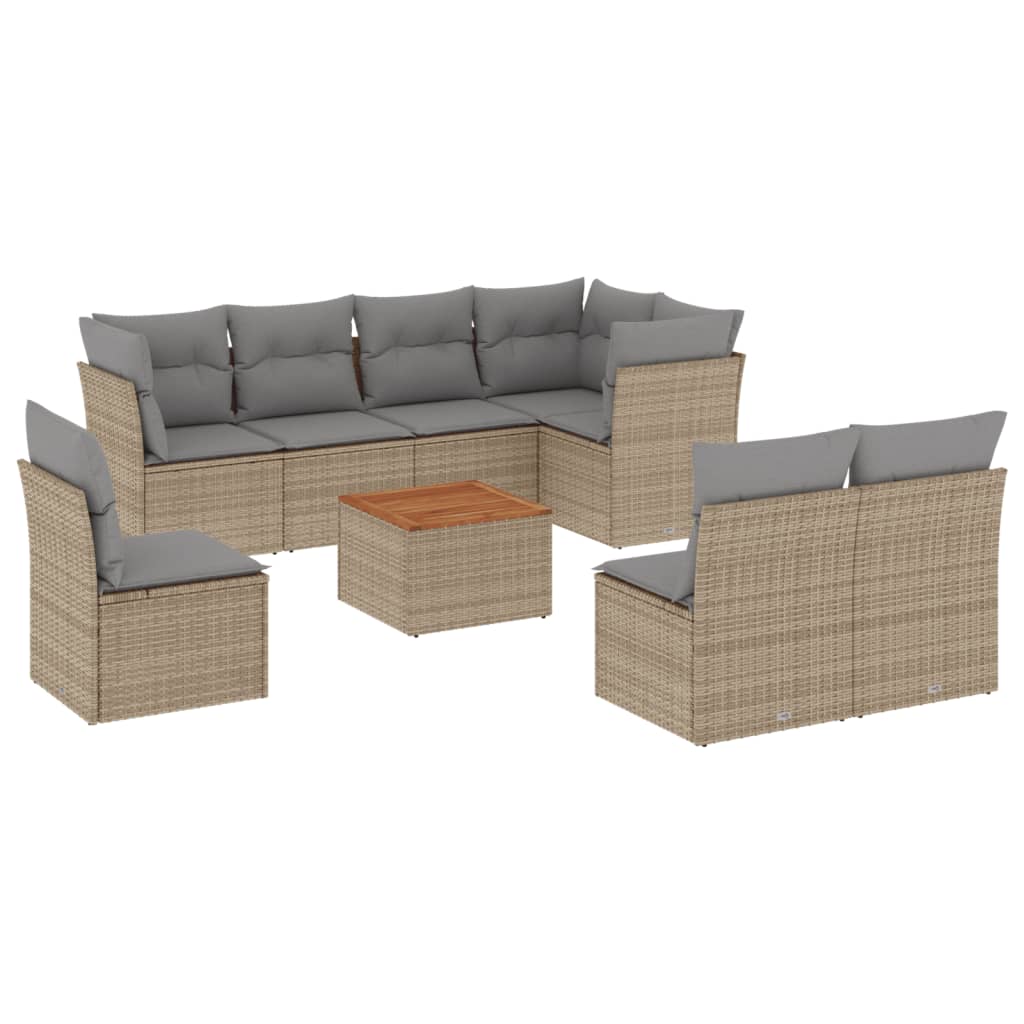 spisebordssæt til haven 9 dele med hynder polyrattan beige