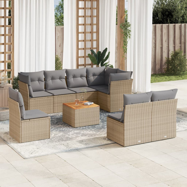 spisebordssæt til haven 9 dele med hynder polyrattan beige