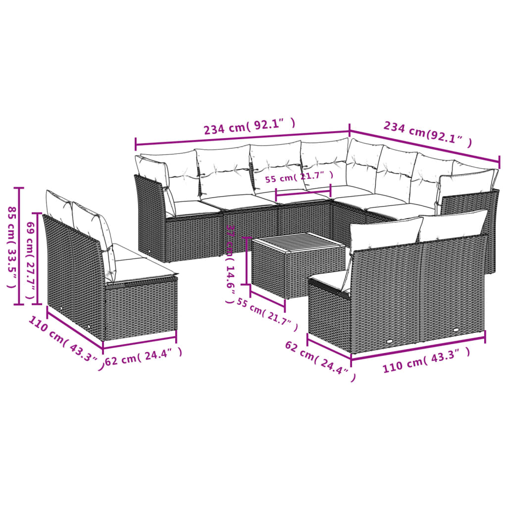 sofasæt til haven 12 dele med hynder polyrattan beige