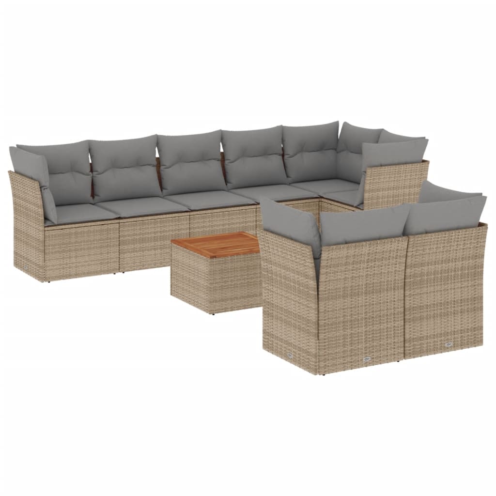 spisebordssæt til haven 9 dele med hynder polyrattan beige