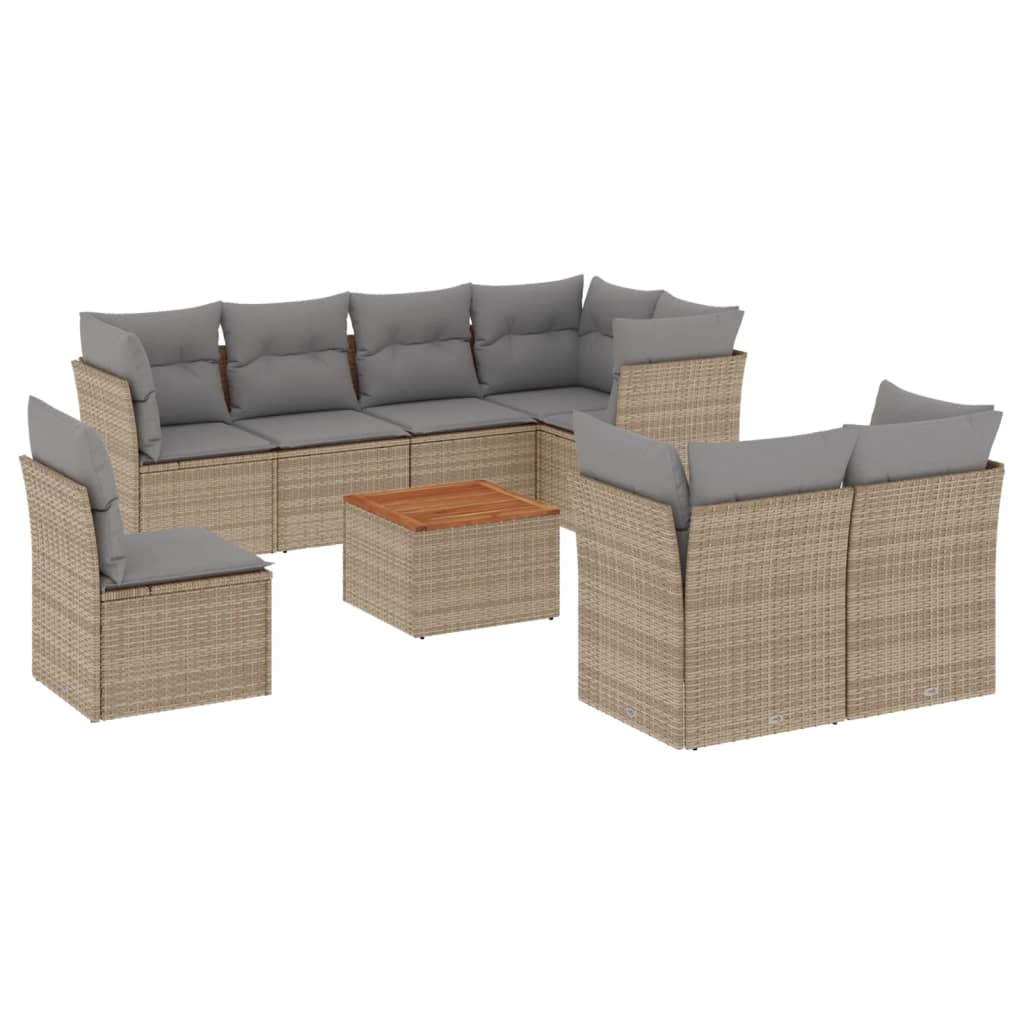 spisebordssæt til haven 9 dele med hynder polyrattan beige