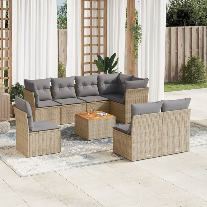 spisebordssæt til haven 9 dele med hynder polyrattan beige
