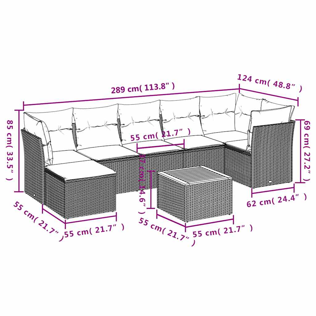 havesofasæt med 8 hynder grå polyrattan