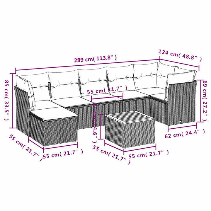 havesofasæt med 8 hynder grå polyrattan