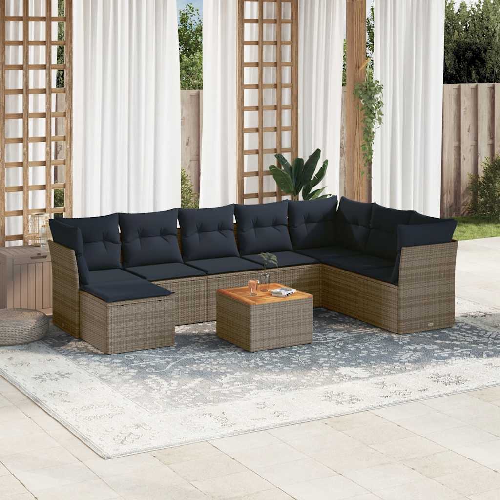 havesofasæt med 9 dele og hynder grå polyrattan