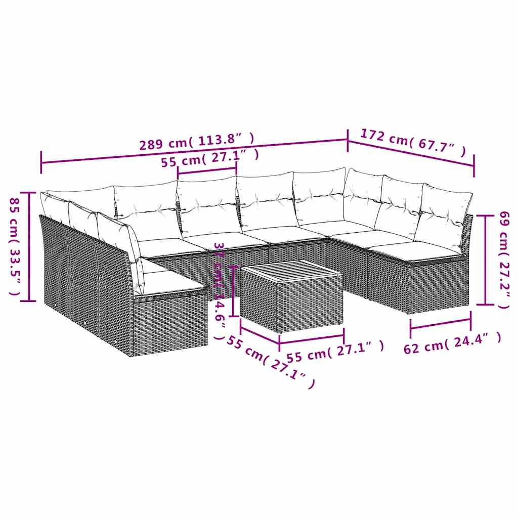 sofasæt til haven 10 dele med hynder polyrattan grå