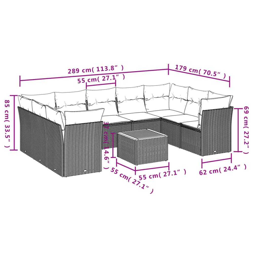 sofasæt til haven 10 dele med hynder polyrattan grå