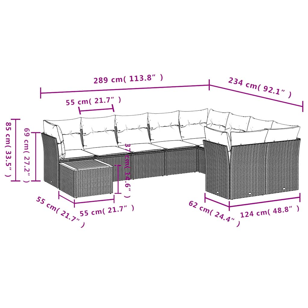 sofasæt til haven 10 dele med hynder polyrattan grå