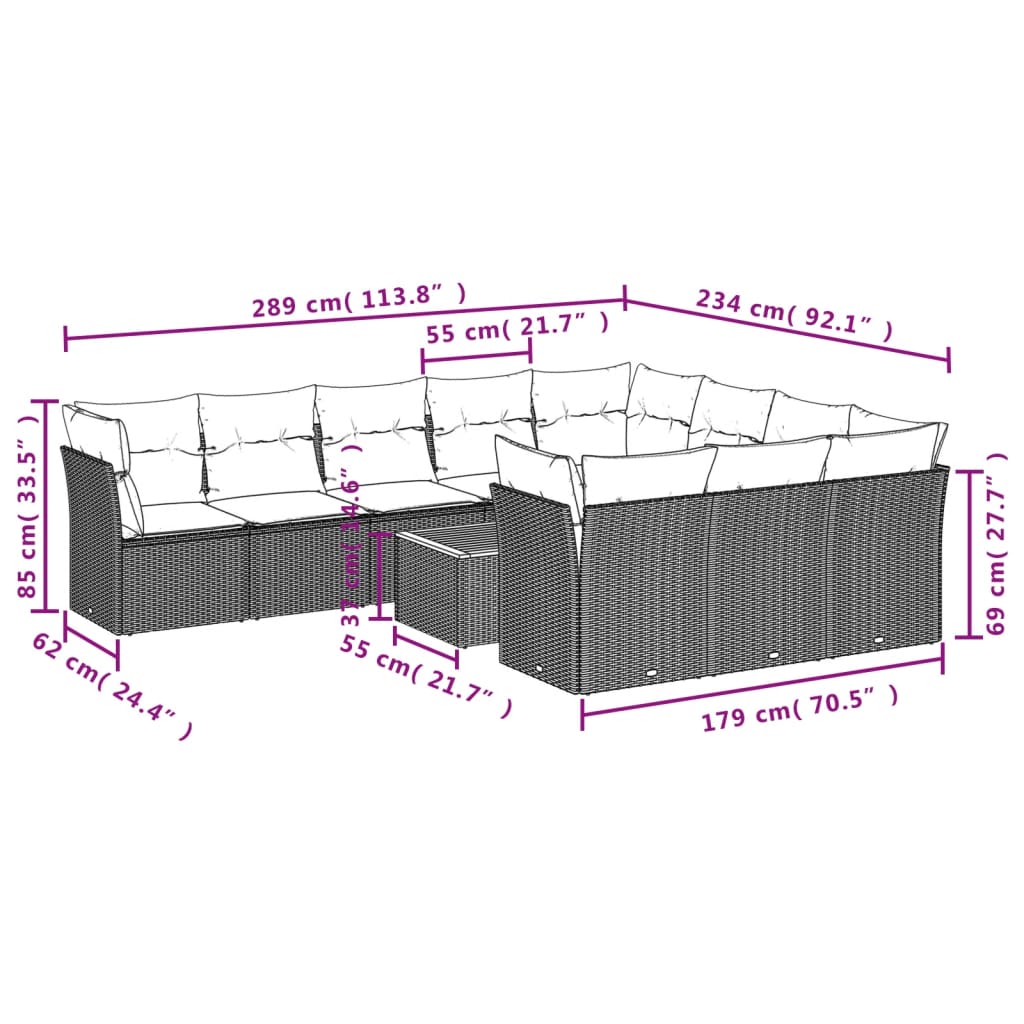 loungesæt til haven 11 dele med hynder polyrattan grå