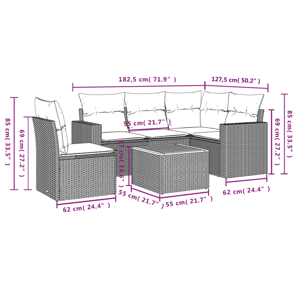 havesofasæt 6 dele med hynder polyrattan beige
