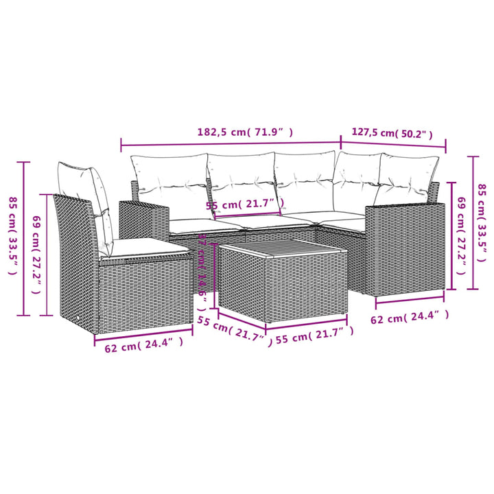 havesofasæt 6 dele med hynder polyrattan beige
