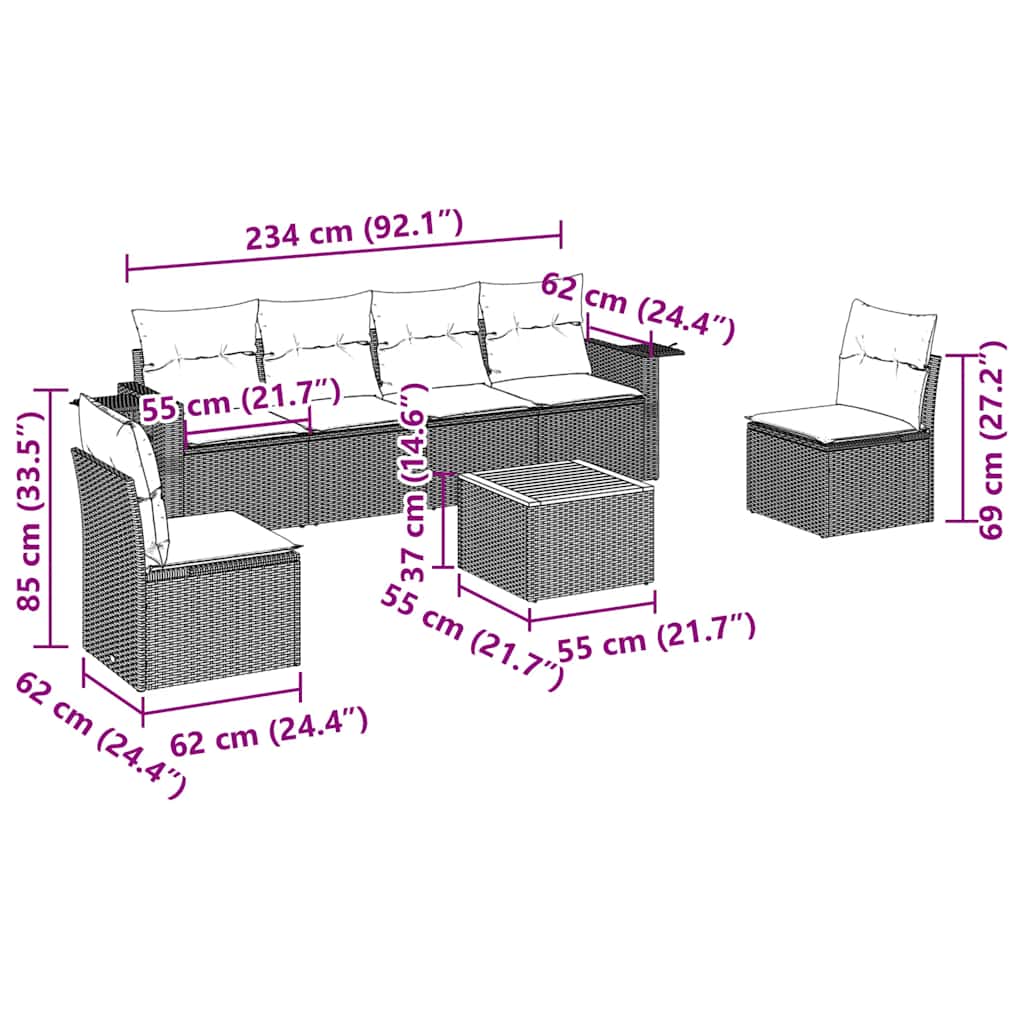 sofasæt til haven 7 dele med hynder polyrattan sort