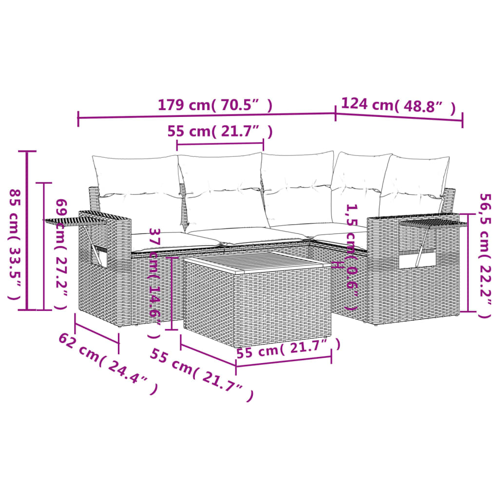 havesofasæt 5 dele med hynder beige polyrattan