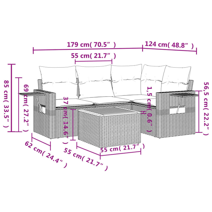 havesofasæt 5 dele med hynder beige polyrattan