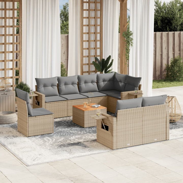 spisebordssæt til haven 9 dele med hynder polyrattan beige