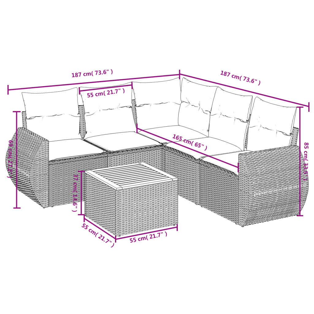 sofasæt til haven 6 dele med hynder polyrattan grå