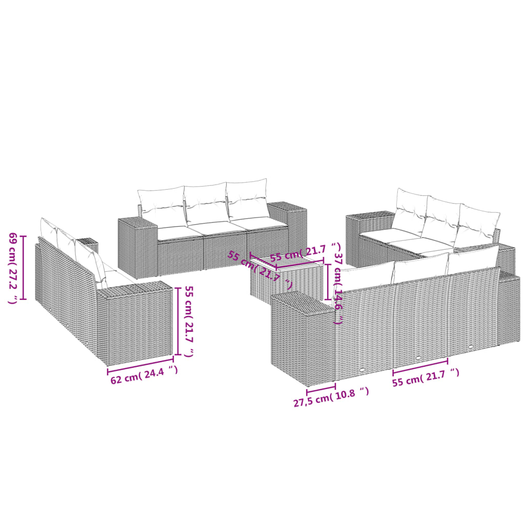 sofasæt til haven 13 dele med hynder polyrattan beige