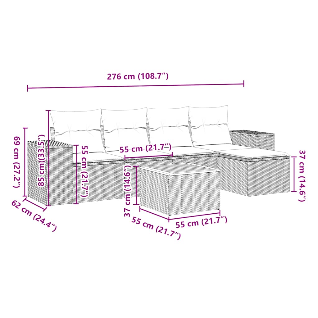 sofasæt til haven 6 dele med hynder polyrattan sort