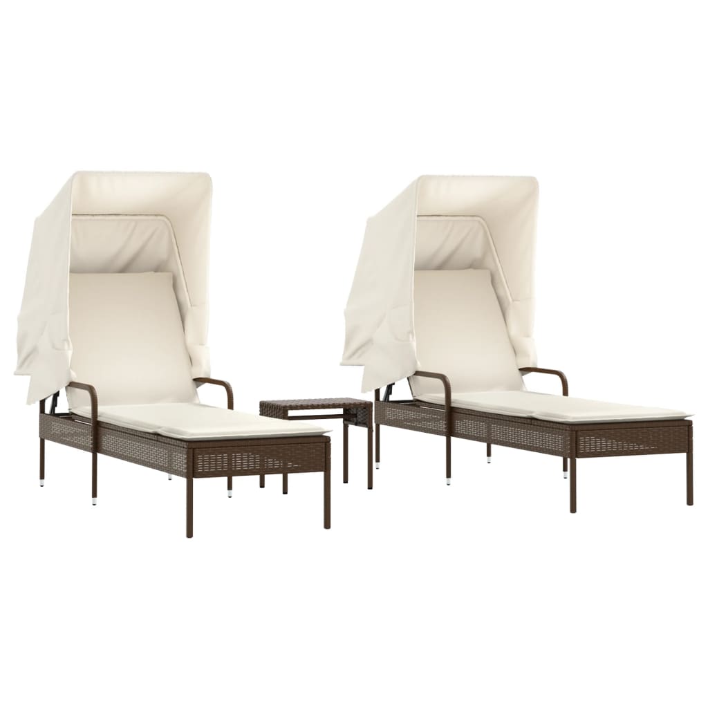 liggestole 2 stk. med baldakiner og bord polyrattan brun