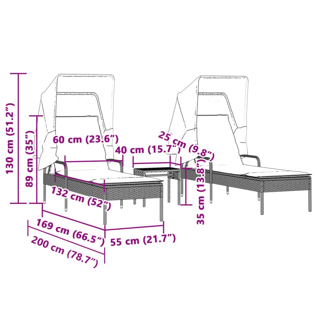 liggestole 2 stk. med baldakiner og bord polyrattan brun