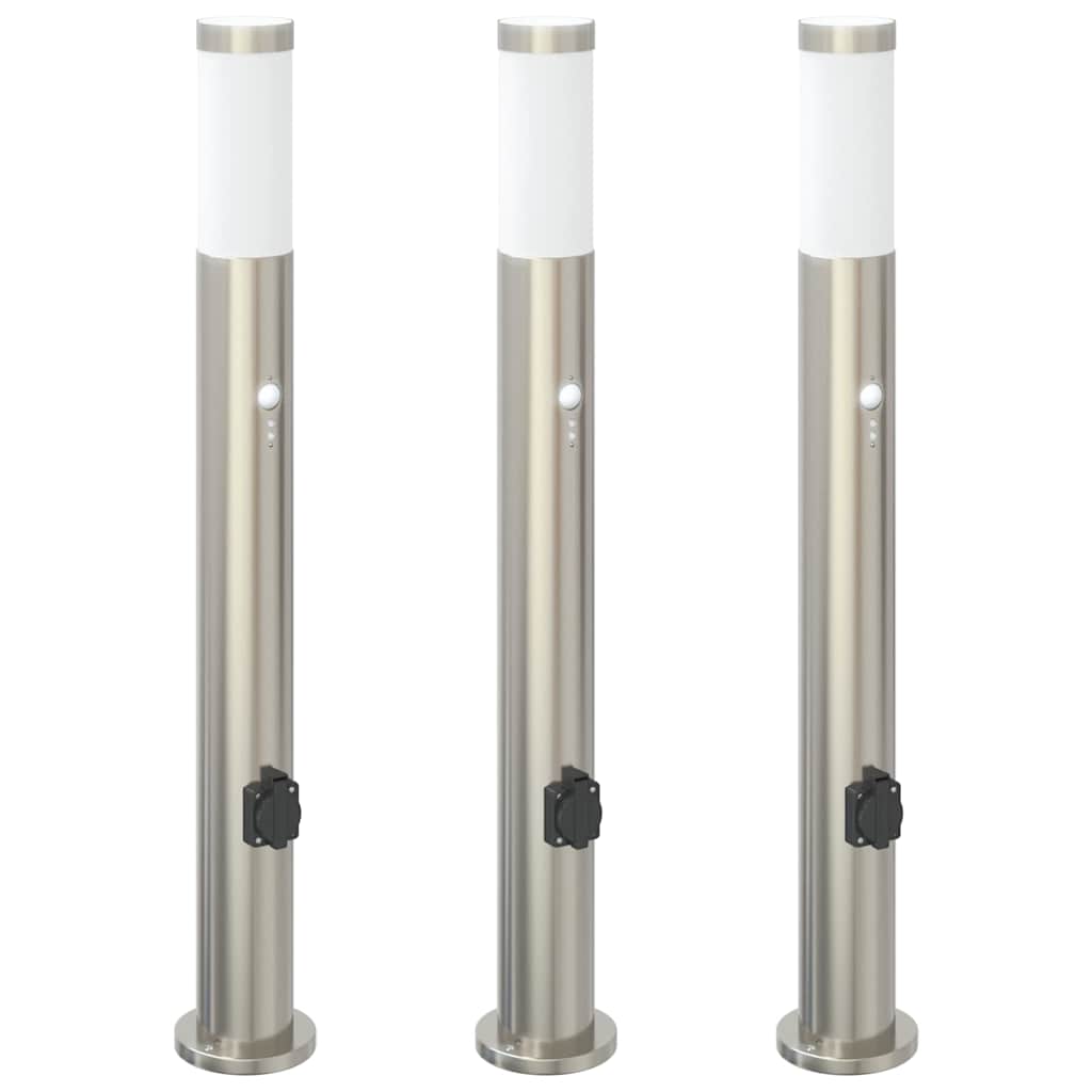 pullertlamper med sensor og stikkontakt 3 stk. 80 cm rustfrit stål IP44