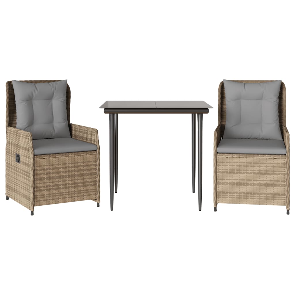 spisebordssæt til haven 3 dele med hynder polyrattan beige