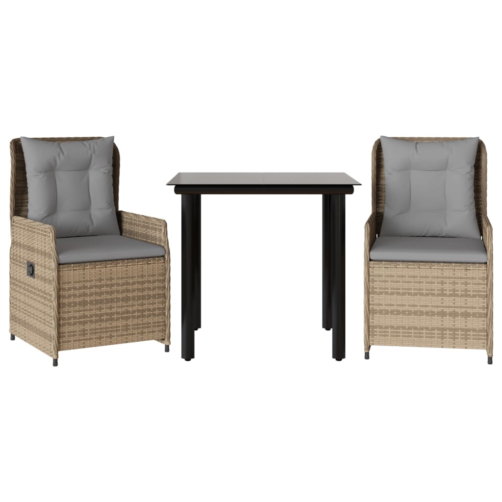 spisebordssæt til haven 3 dele med hynder polyrattan beige