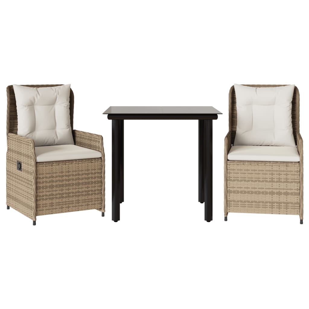spisebordssæt til haven 3 dele med hynder polyrattan beige